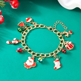Christmas Link Bracelet for Women Girls - Christmas Jingle Bell Charm Bracelet for Christmas Stockings Filler, Christmas Xmas Gifts Ideas with Christmas Elements, Present, Santa Claus + Cane Candy