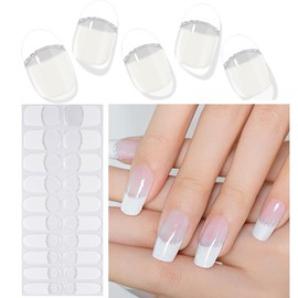 Semi Cured Gel Nail Strips (French Tip), Clear Gel Nail Stickers Works with Any UV Nail Light, White French Gel Nail Wraps Easy to Apply & Remove - Includes 2 Prep Pads, Nail File & Wooden Stick