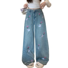 MEOKIM Women's Denim Pants Y2K Jeans Retro Embroidered Pattern Printed Loose Casual Jeans Straight Leg Pants (Blue,XXL)