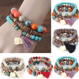 Pingyongchang Elephant Bead Stretch Bracelet Boho Multilayer Adjustable Wooden Bead Tassel Womens Strand Bracelet Bangle Charm Jewelry Set Best Friend Gift (black)