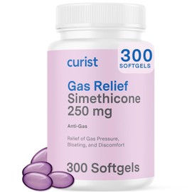Curist Gas Relief Simeticona - Cápsulas blandas de 250 mg (300 unidades) - Alivio digestivo, alivio de la hinchazón y píldoras de gas antiflatulencia para adultos que ayudan a aliviar los gases y la