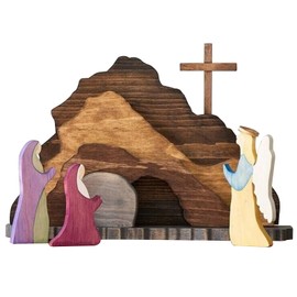 Ghzste Easter Resurrection Scene Ornament Easter Scene Wooden Decoration Easter Nativity He is Risen Decor Christian Home Wall Shelf Decor (Christian)