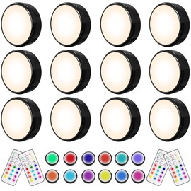 HELPLEX LED Puck Lights with Remote, 12 Pack Color Changing RGBW Stick-On Light, Battery Powered, Dimmable Under Cabinet Lighting with Timer & Memory, Wireless Push Lights for Kitchen & Closet, Black
