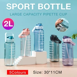 2L Water Bottle Straw Cup Motivational Drink Flask With Time Markings Sports Gym - Durable Gym Sports Flask, BPA-Free, Leakproof