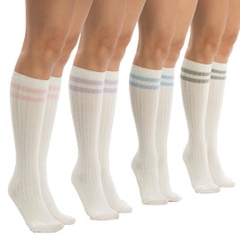 SERICI Knee Socks | 4 Pairs Striped Cotton Knee High Socks For Women | Tube Socks for girls (White w Pastel Stripes)