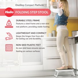 Hailo OneStep | Steel step | One large step with non-skid mat | Folding safety mechanism with unlocking button | Easy storage | Lightweight | White