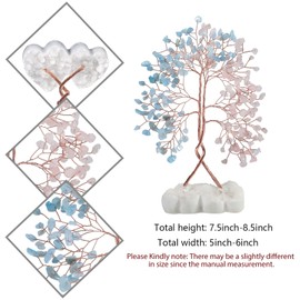 Nupuyai Copper Wire Rose Quartz & Aquamarine Crystal Tree with Heart Rock Quartz Crystal Cluster Base, Handmade Double Color Stone Money Tree Decor for Home Fengshui Wealth