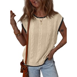 Dokotoo Tank Tops for Women 2024 Round Neck Cap Sleeve Color Block Cable Knit Sweater Vest Women Summer Tops Womens Fashion Apricot Medium