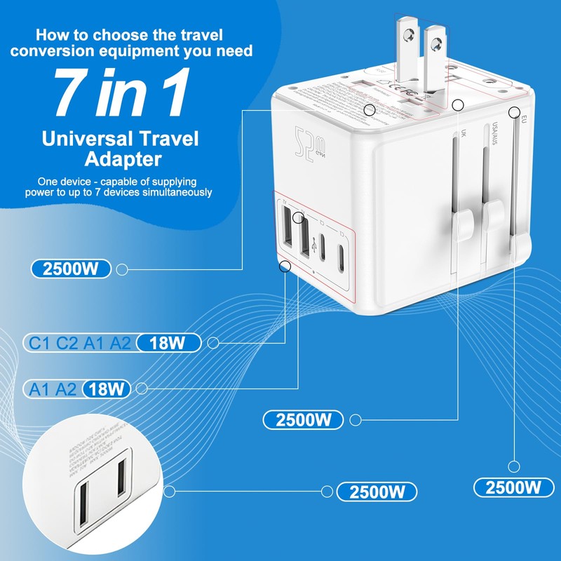 Universal Travel Adapter 25W, International Power Plug Converter with 2500W