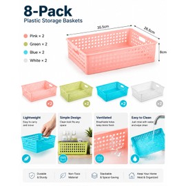 Plastic Storage Baskets - 8 Pack Colorful Organizer Bins with Handles,Multi-Purpose Shelf Bins for Classroom, Kids' Room, Craft, Office & Pantry Storage Solutions,13.4 x 10.4 x 3.1 Inch