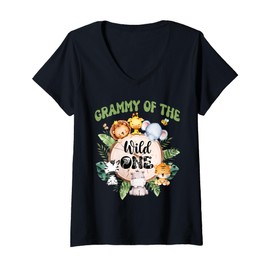 Womens Grammy of The Wild One 1st Birthday Safari Family Matching V-Neck T-Shirt