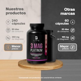 Mezcla de Magnesios Premium con 240 Cápsulas 1500mg por porción. Adicionado con Colágeno Hidrolizado, Vitamina D3 y Vitamina C. 3 Mag Platinum B Life.