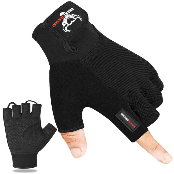BEAST RAGE Gym Gloves Weight lifting Gloves Training Anti Slip Padded Palm Half Finger Powerlifting Workout Exercise Gloves for Men and Women (Black, M)
