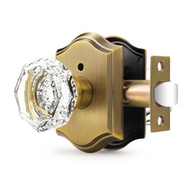 Orger Octagonal Crystal Door Knob 1 Pack, Interior Privacy Door Handle for Bed/Bathroom with Pin Lock Inside, Antique Bronze Vintage Rosette Door Knob with Heavy Duty Genuine Glass
