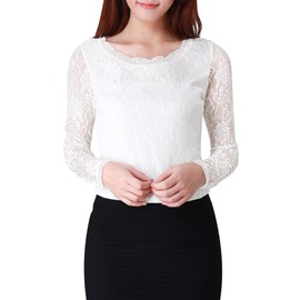 Allegra K Women's Lace Tops Sheer Dressy Casual Floral Lace Long Sleeve Tops X-Large White