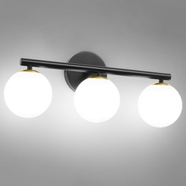 Bathroom Vanity lights, Mid-Century Modern Black and Gold Bathroom Light Fixtures, 3-Light Gold Bathroom Lights Over Mirror, Dimmable Wall Sconces Wall Light Fixture with Frosted Milk Globe Glass