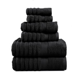 LANE LINEN Luxury Ribbed Bath Towels - 100% Cotton Towels for Bathroom, Zero Twist, Soft Textured, Extra Absorbent, Quick Dry, 2 Bath Towels, 2 Hand Towels, 2 Wash Cloths - Black (6 Piece Set)