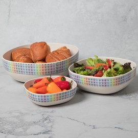 GreaterGood Bamboo Fiber Bowl Set – 3-Piece Set of Nesting Bowls or Salad Bowl with Servers – Durable, Eco-Friendly, Dishwasher Safe (Rainbow Checkered Paws, Nesting Bowls)