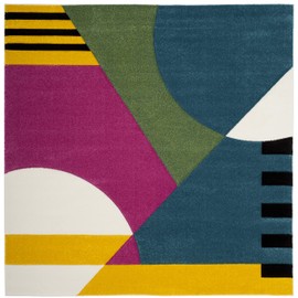 SAFAVIEH Hollywood Collection 8' Square Peacock Blue/Fuchsia HLW706C Mid-Century Modern Non-Shedding Living Room Dining Bedroom Area Rug