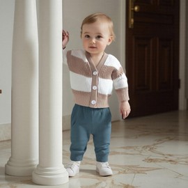 Toddler Baby Girl Boy Knit Sweater Cardigan V Neck Color Block Button Up Sweaters Fall Winter Clothes (Khaki, 12-18 Months)