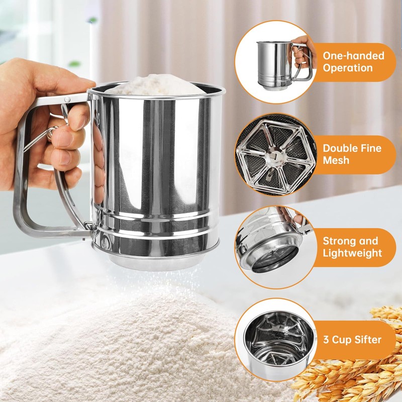 Flour Sifter, 3 in 1 Stainless Steel Sifter for Baking,