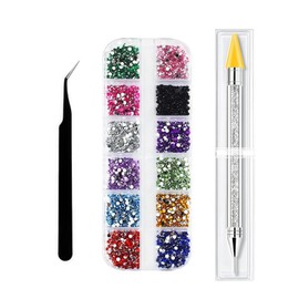 1200PCS Rhinestones 12 Color Flat Back Gemstone with Picking Tweezers Rhinestone Picking Pen, 3mm Round Crystal Gemstone, Colored Rhinestone, can be Used for Nail, Clothing, Makeup DIY Craft