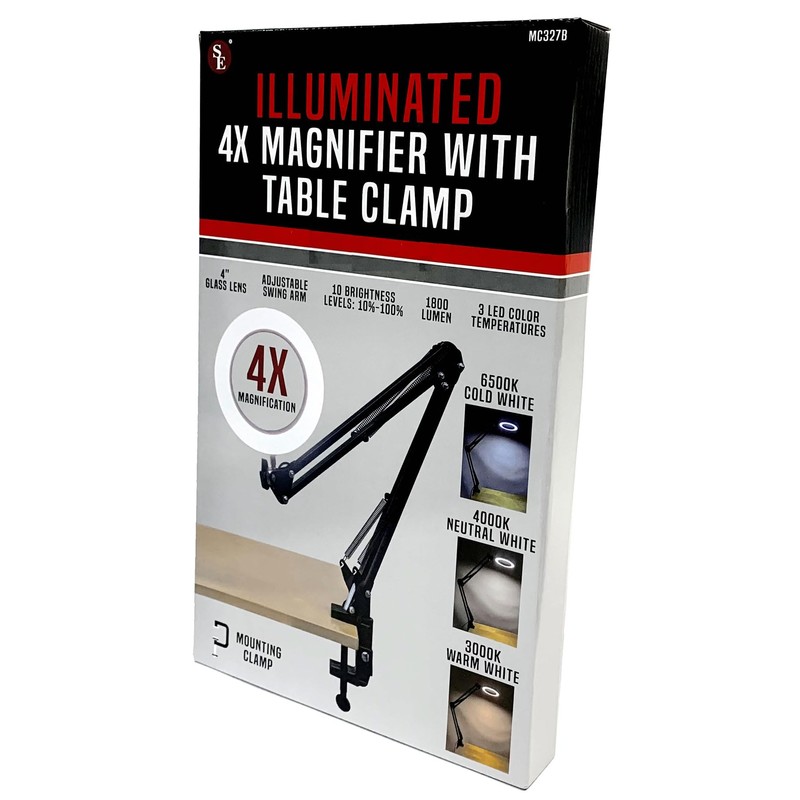 SE 4-Inch Black 4X Magnification LED Swing Arm Lamp with