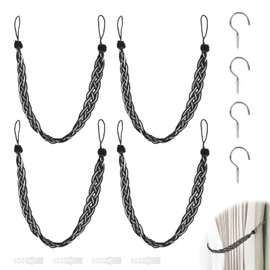 4 Stück, 60cm Raffhalter für Vorhänge, Handgestrickte Vorhangbinder in Schwarz, Gardinen Raffhalter Metallhaken und Gummistopper, Vielseitig Einsetzbar für Wohnzimmer, Schlafzimmer und Büro