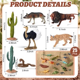 Jexine 25 Pcs Desert Animals Figurines Set Desert Diorama Project with Lion Ostrich Lizard Cactus Diorama Model Supplies for Kids Birthday Party Favors School Projects