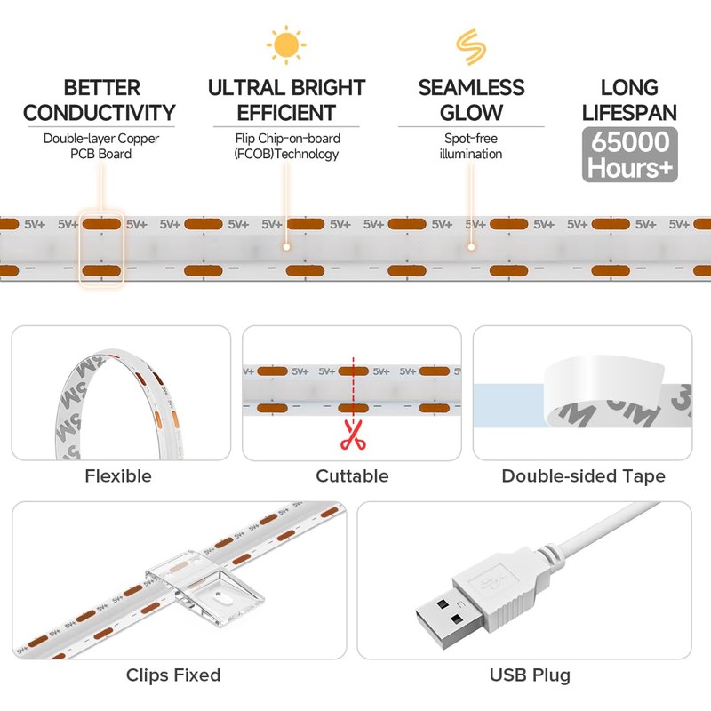 BTF-LIGHTING FCOB USB Powered Cool White 6000K COB LED Strip