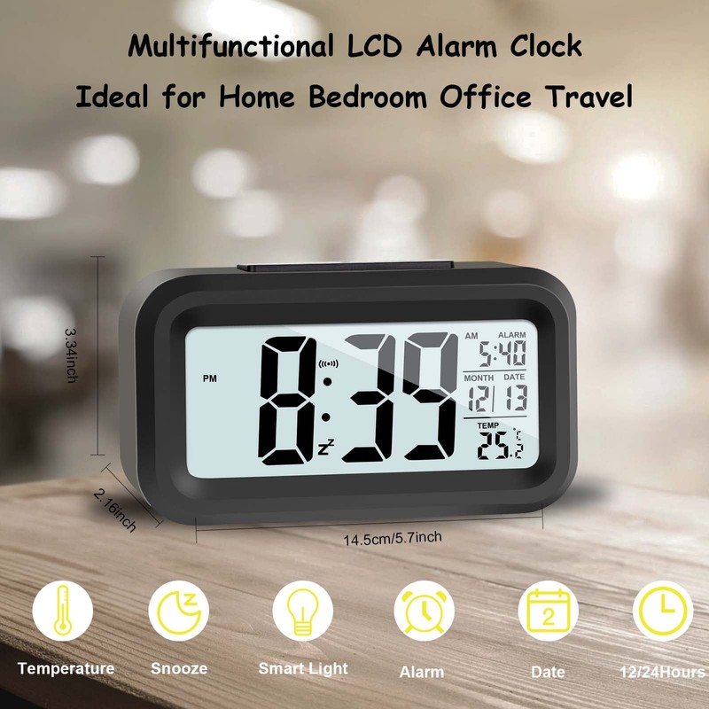 JOPHEK LCD Digital Alarm Clock, Travel Alarm Clock with Temperature