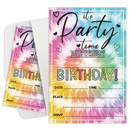 Lhbfsaz Colorful Theme, 15 Invitations with Envelopes, Teen Birthday Party Invitation Cards, Girls Boys Party Invitations, Tie Dye Party, Kids Party Celebration, Fantasy Party