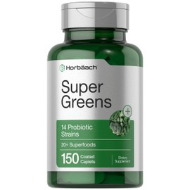 Horbäach Super Greens Supplement with Probiotics | 150 Caplets | Non-GMO, and Gluten Free