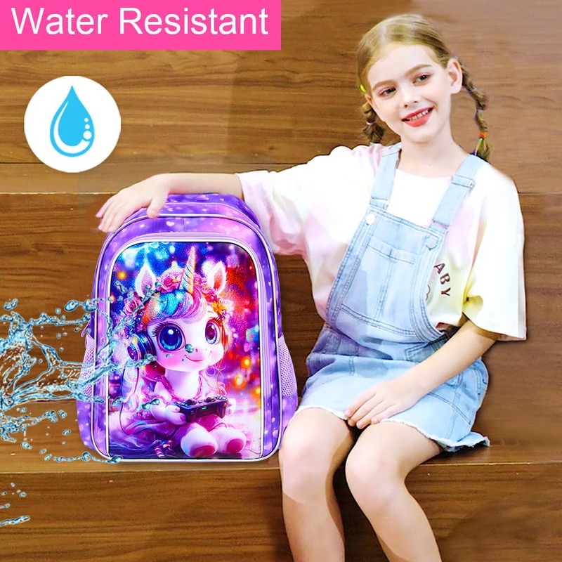 KLFVB 3PCS Girls Unicorn Backpack, Water Resistant Kids Bookbag with