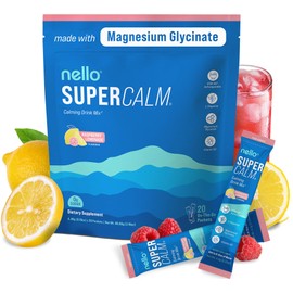 Nello Supercalm Powdered Drink Mix, Cortisol Reducer and Sleep Aid Supplement, L Theanine, Ksm-66 Ashwagandha, Magnesium Glycinate, Vitamin D 3, No Sugar, Non GMO, On The Go, 20 Ct, Raspberry Lemonade