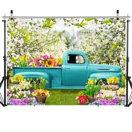 SJOLOON Spring Flowers Backdrop Kids Easter Photo Backdrop Blue Truck Grass for Easter Party Decoration Baby Shower 12535 (7x5FT)