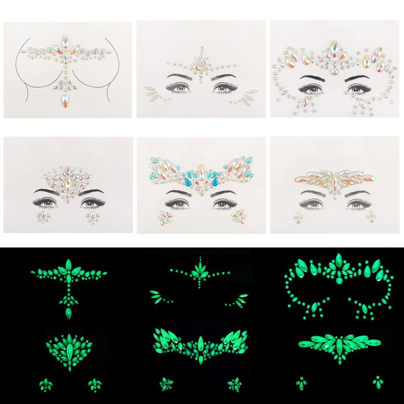 6Pcs Luminous Rhinestones Face Temporary Tattoos Glitter Festival Face Stickers