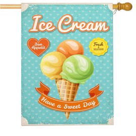 Mugod Ice Cream House Flag 28 x 40 Double Sided Outside Burlap, Retro Summer Outdoor Large Yard Flags Seasonal Porch Holiday Decoration