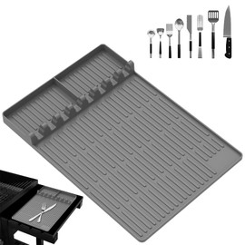 Premium Silicone Grill Side Shelf Mat with Drain Tray - Non-Slip BBQ Counter Protector, Reusable Thawing Plate for Outdoor Cooking, Fits Most Griddles & Countertops (Heat Resistant, Easy Clean) Gray