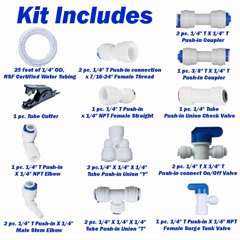 RO System 1/4" O.D. Push in Fittings and 25ft NSF