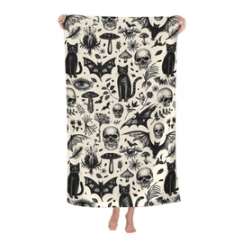 VODRM Gothic Retro Beach Towel,32x52in Microfiber Quick Dry Black Cat Skull Bat Mushroom Vintage Goth Bath Towels,Soft Lightweight Oversized Sand Free,for Travel Pool Swimming Decor