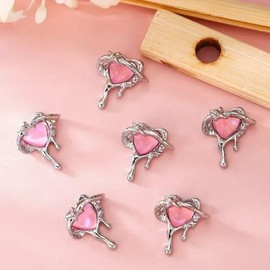 10Pcs Valentine’s Day Nail Charms Pink Heart Nail Art Charms Silver Nail Gems with Pink Rhinestones Pink Heart Charms for Nails Silver Nail Charms for Acrylic Nails Supplies DIY Nail Art Decoration