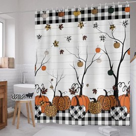 ZCHOMI - Cortina de ducha de calabaza a cuadros para otoño, diseño de búfalo, a cuadros, hojas de arce de otoño, cortinas de baño de tela de poliéster impermeable, cortina de baño de 72 x 72 pulgadas
