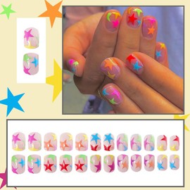 24 Pcs Spring Nude Press on Nails Short Square - YIHONGYAN Acrylic Nail Art Manicure Kit Fake Nails Press ons Nail Tips Glue on Nails Full Cover Colorful Stars False Nails Stick on Nail for Women