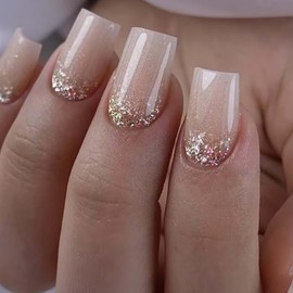 YoYoee Short Square Press on Nails Glitter Fake Nails Acrylic Nude False Nails Full Cover Nails Tips for Women and Girls 24Pcs