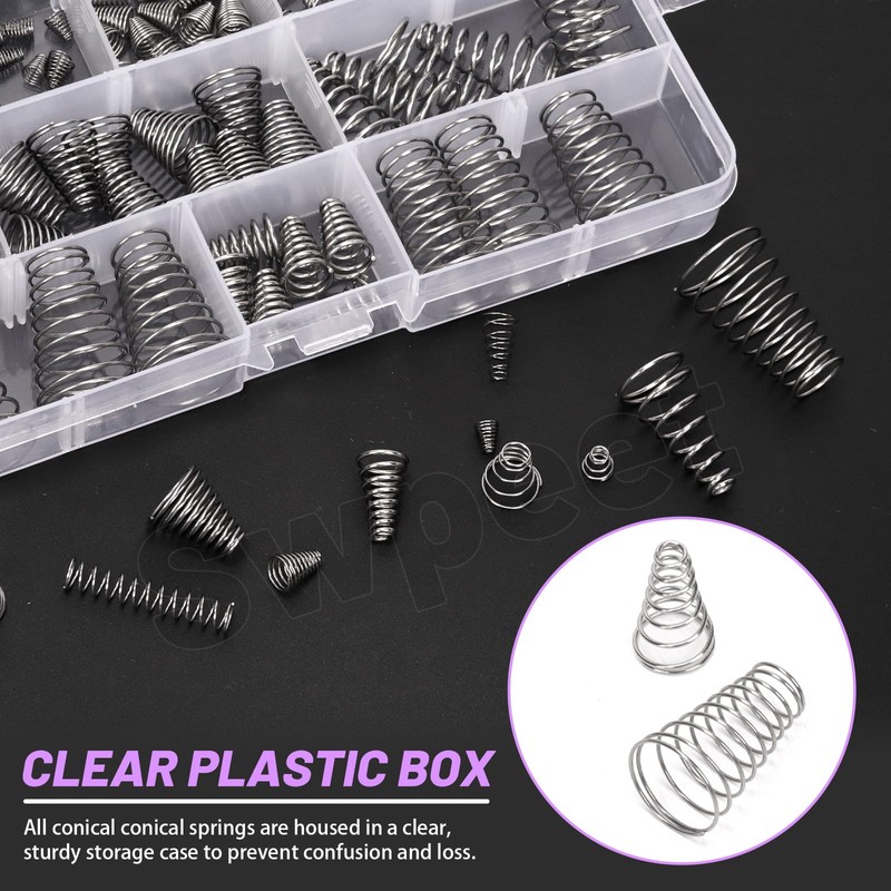Swpeet 123Pcs 10 Sizes 0.3/0.5/0.7/0.8/1 Stainless Steel Conical Spring Taper