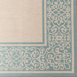 Gertmenian Indoor Outdoor Area Rug, Classic Flatweave, Washable, Stain & UV Resistant Carpet, Deck, Patio, Poolside & Mudroom, 9x13 Ft Extra Large, Abstract Border, Aqua Blue Cyan, 22964