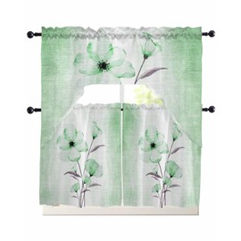 Green Floral Kitchen Curtains Swag Valance and Tier Curtains Set 24 Inch Length, Rod Pocket Drape Panels Pair Swag Curtains for Bathroom/Cafe/Window Spring Summer Flowers Ombre Green Rustic Painting