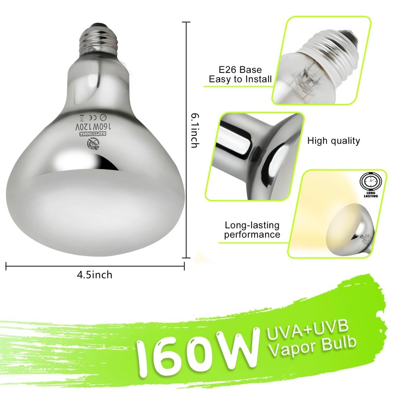 160W UVA UVB Vapor Reptile Heat Lamp, High Intensity Self-Ballasted