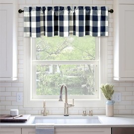 VOGOL Linen Textured Curtains Valance, Buffalo Check Plaid Pattern Decorative Window Treatment Home Decor, Rod Pocket Drapes for Bedroom, Blue & White, 1 Panel, 52 x 12